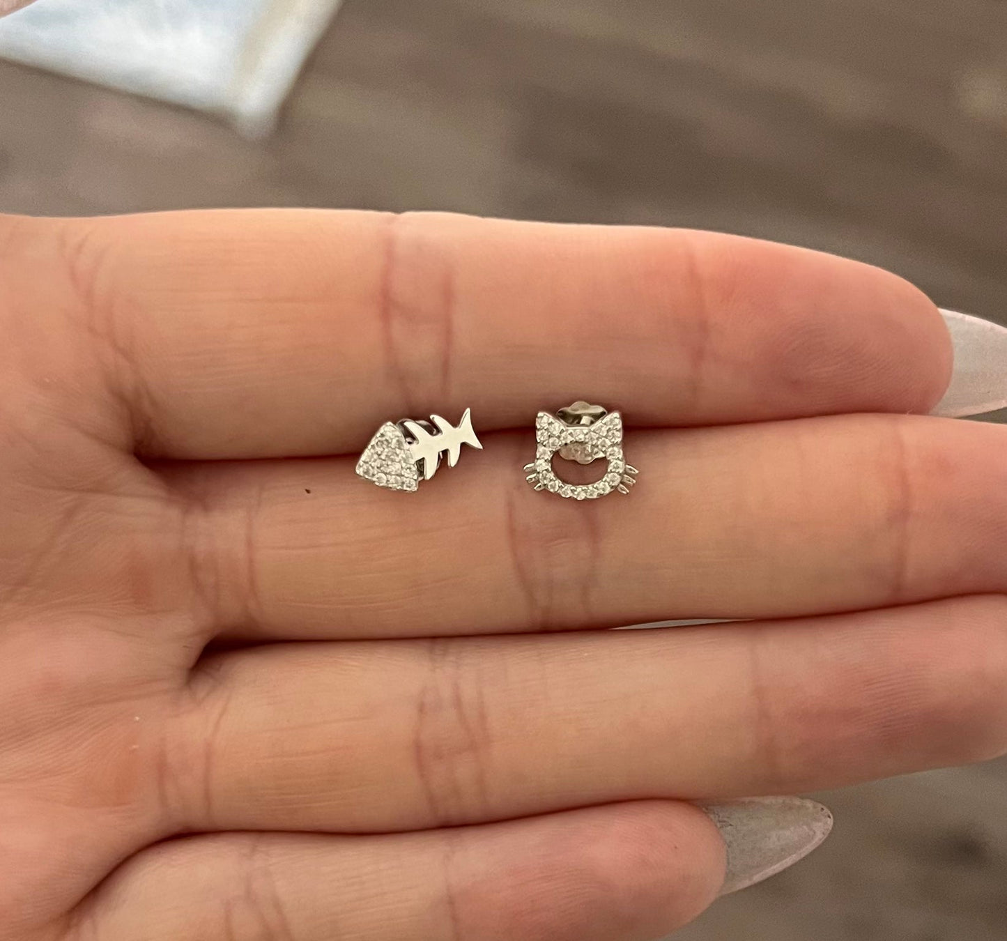 Fishy Cat 925 Silver Stud Earrings