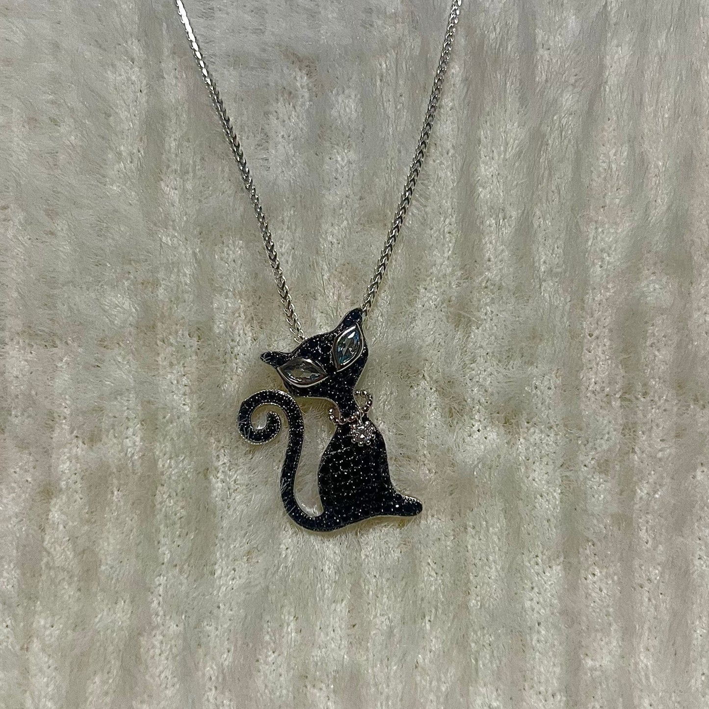 925 SILVER BLACK CAT STUDDED PENDANT NECKLACE