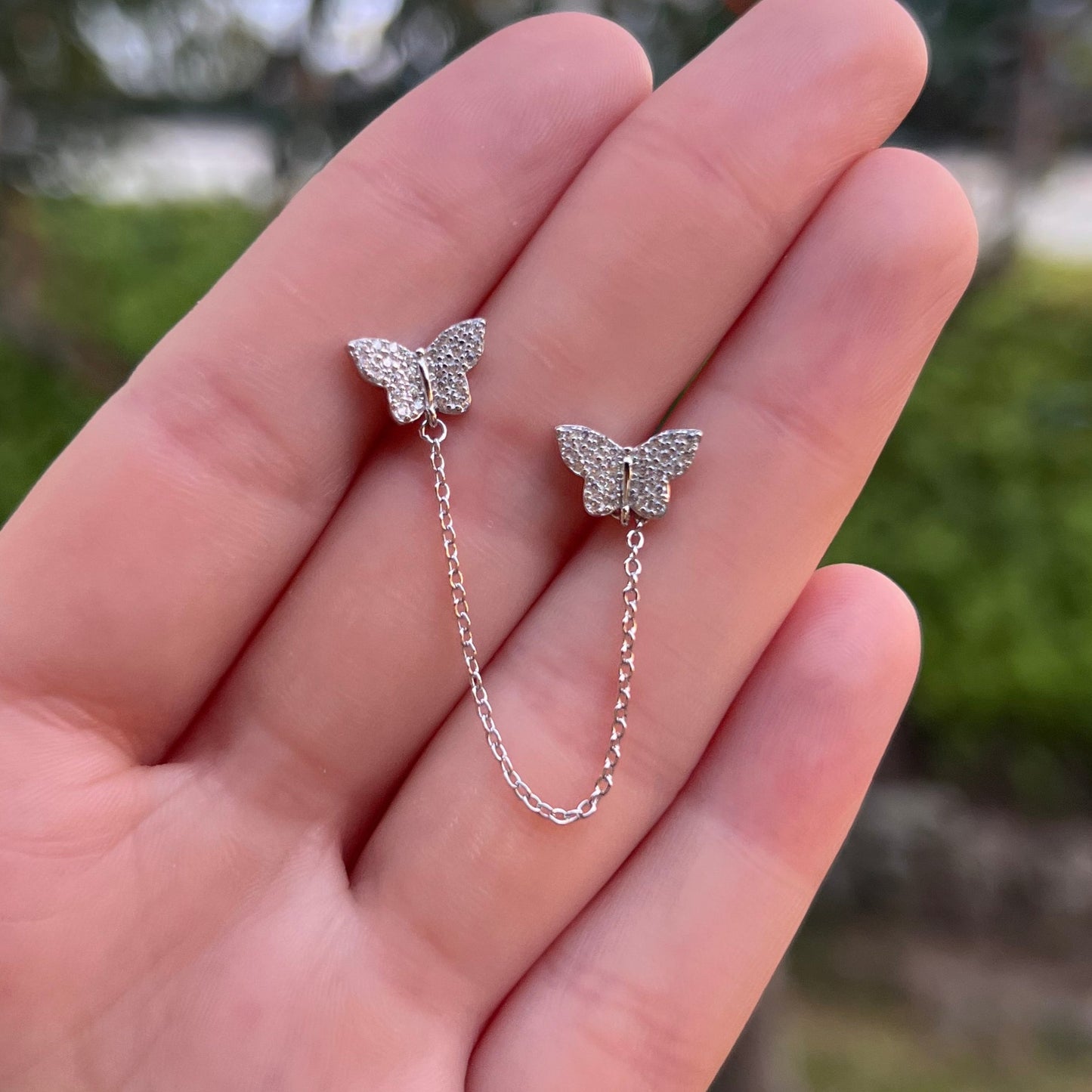 Brighter Days Double Ear-Piercing Butterfly Chain-linked Stud 925 Silver Earrings