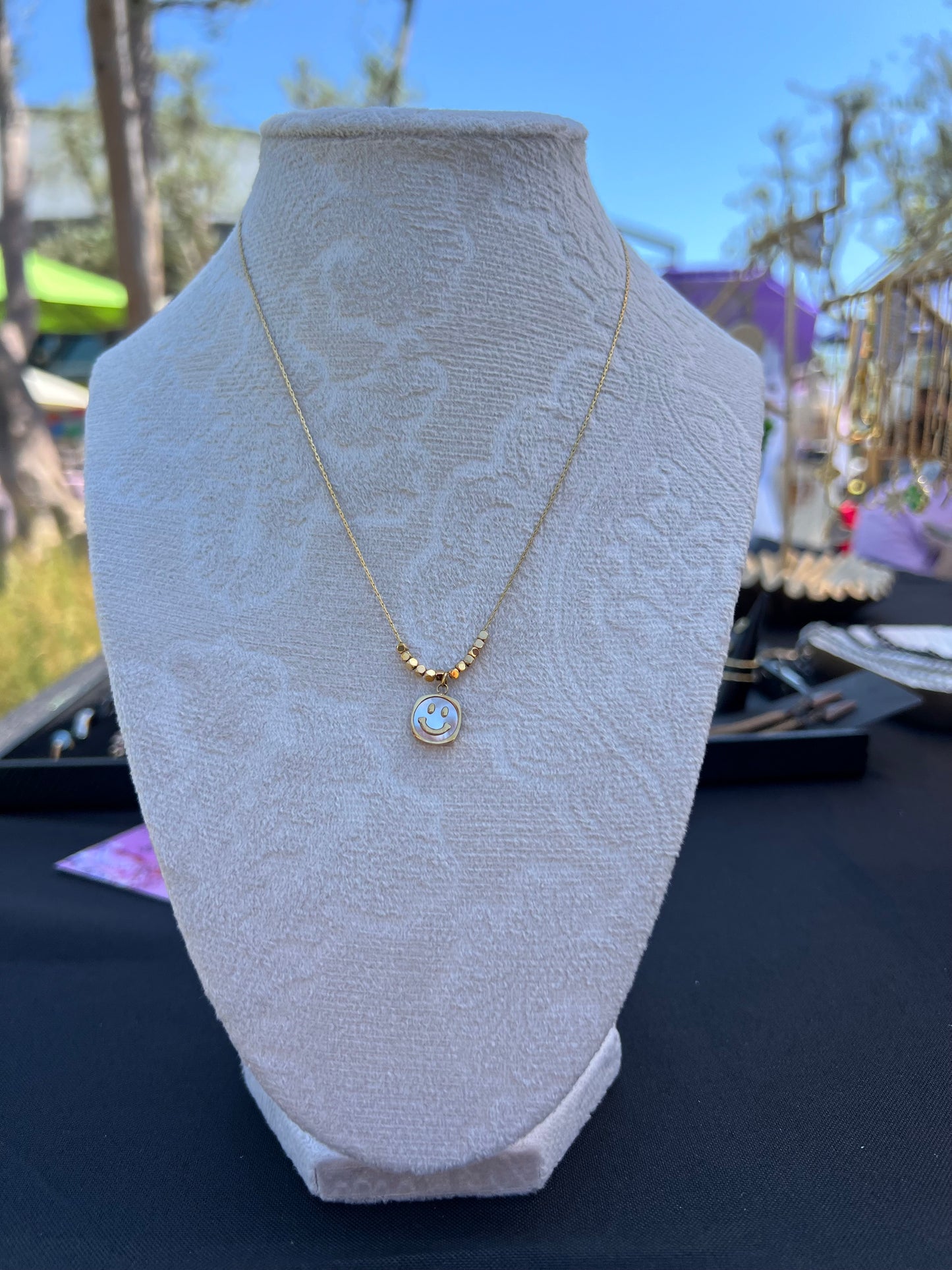 Stainless Steel Smiley Face Shell Pearl Square Bead Wheat 16 Inch Choker Necklace