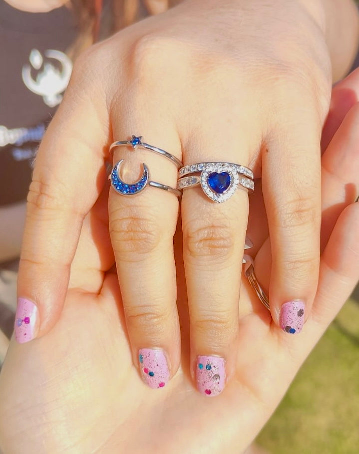 Royal Blue Heart Shape Zirconia Stone Double Band Studded 925 Silver Ring