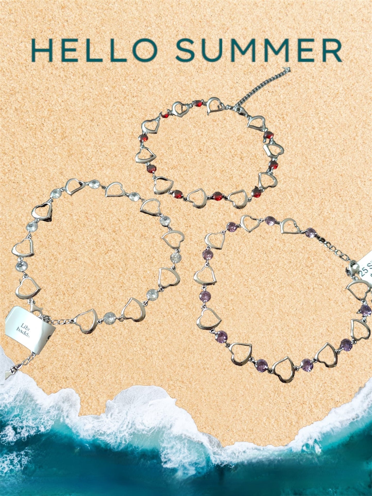 925 Sterling Silver Allover Heart Shape Studded Anklet