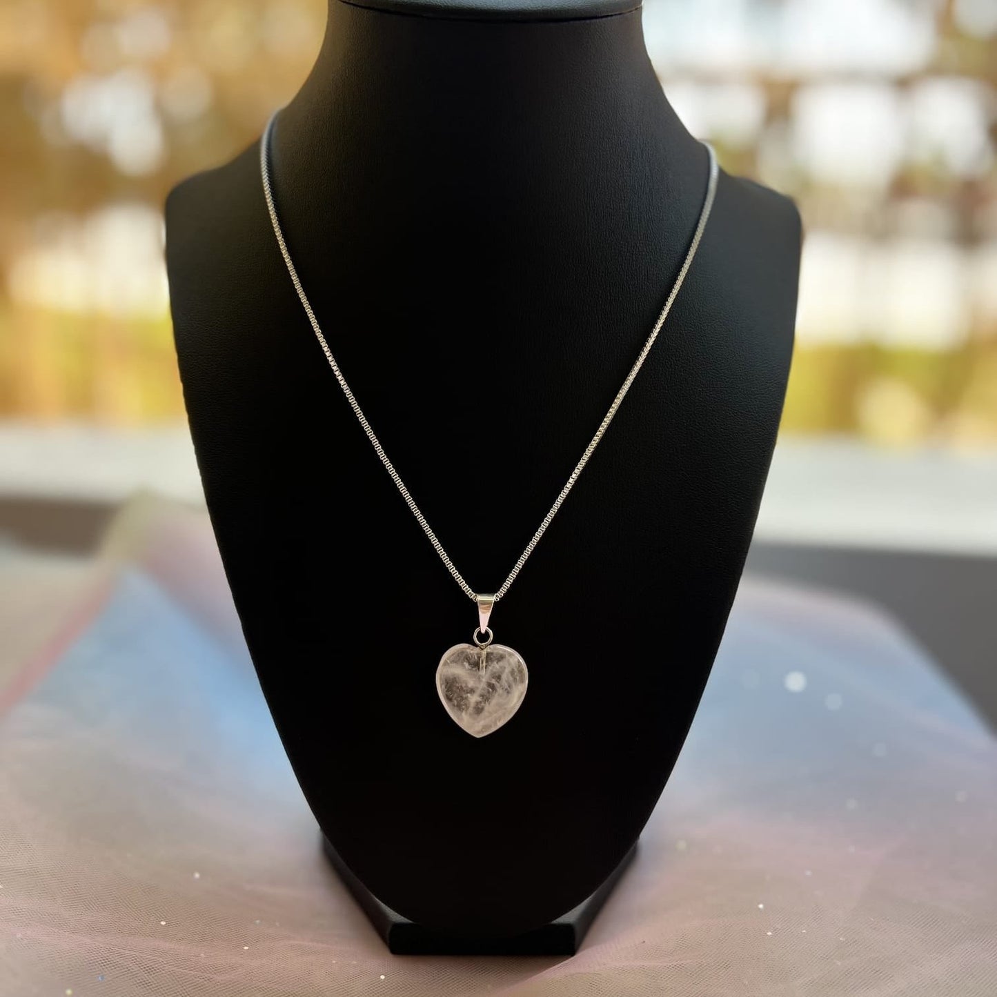 Pink Quartz Heart Shape Natural Stone 925 Sterling Silver Necklace