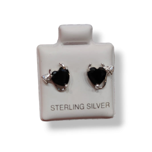 Black Heart Shape ZC Stone Horn and Tail 925 Sterling Silver Stud Earrings