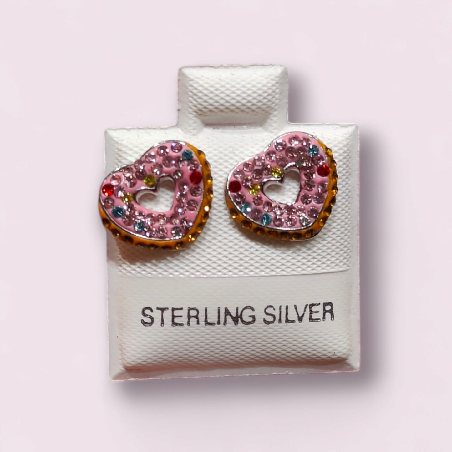 925 Sterling Silver Donut Heart Shape Studded Colored Stones Pink Stud Earrings