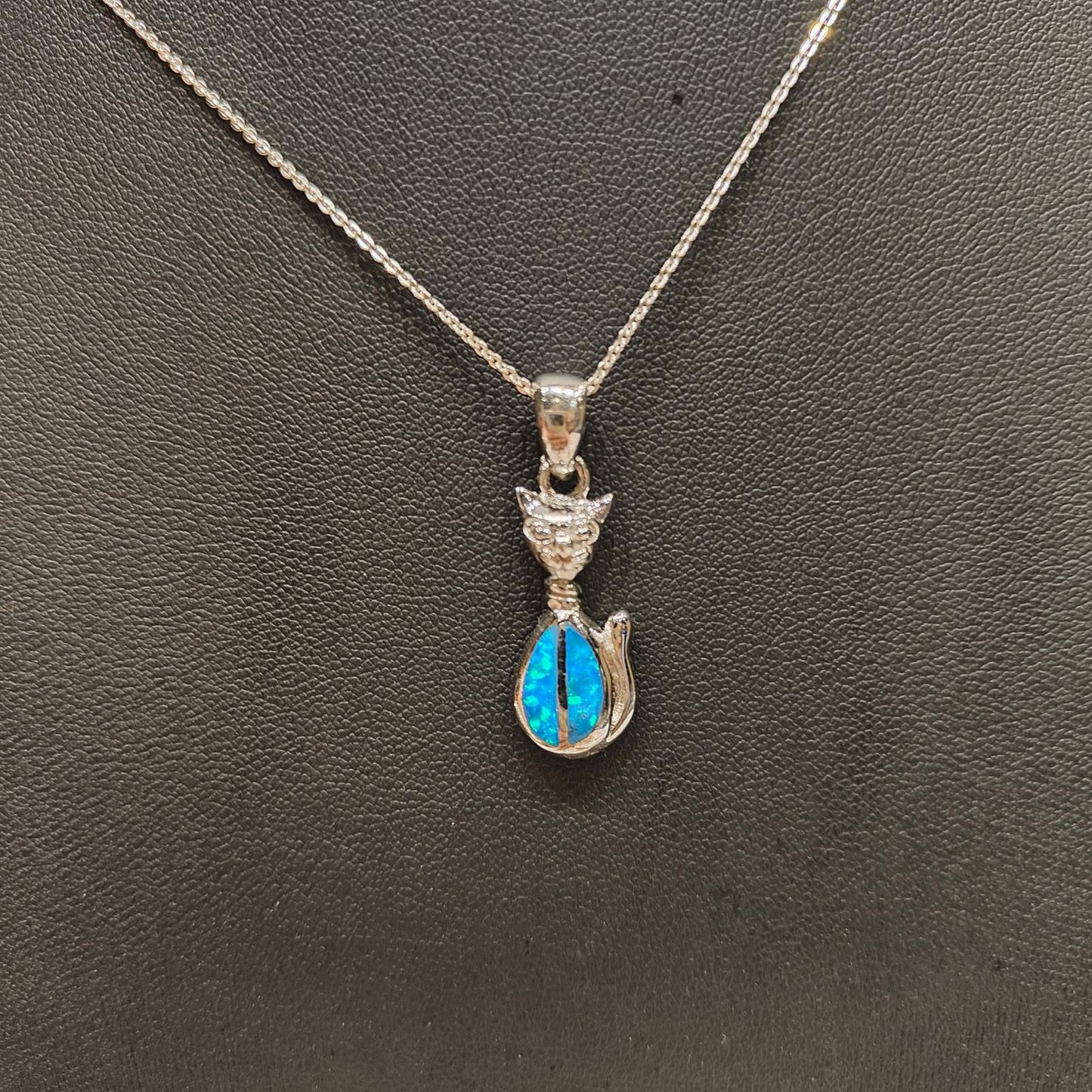 925 SILVER BLUE OPAL EGYPTIAN CAT PENDANT NECKLACE