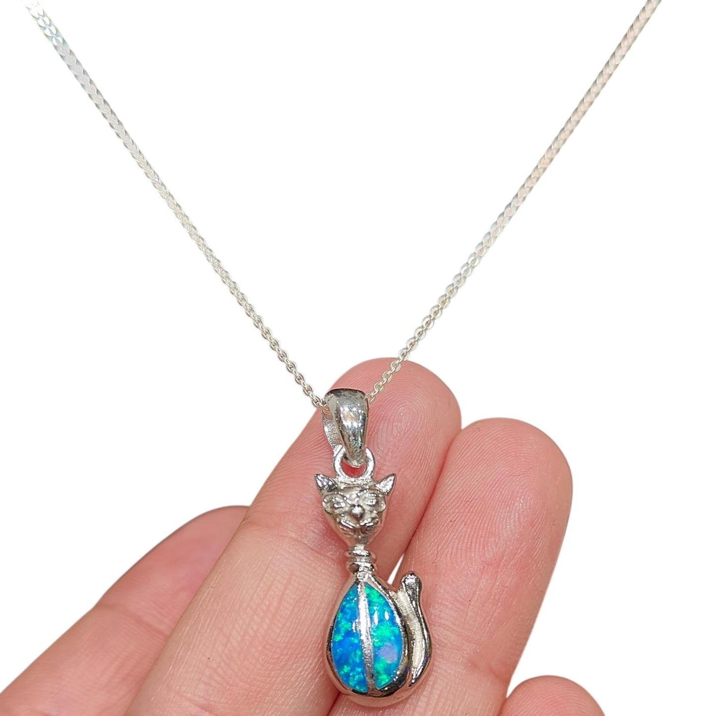 925 SILVER BLUE OPAL EGYPTIAN CAT PENDANT NECKLACE