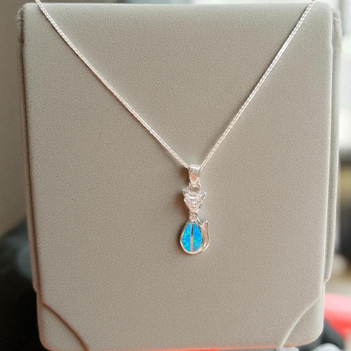 925 SILVER BLUE OPAL EGYPTIAN CAT PENDANT NECKLACE