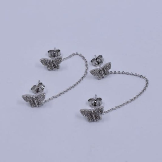Brighter Days Double Ear-Piercing Butterfly Chain-linked Stud 925 Silver Earrings