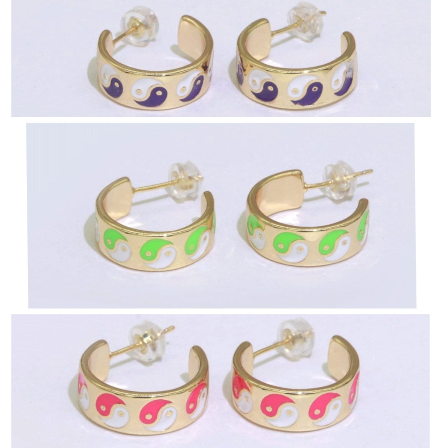 Ying Yang Enamel Round Gold Plated Half Hoop Y2K Earrings