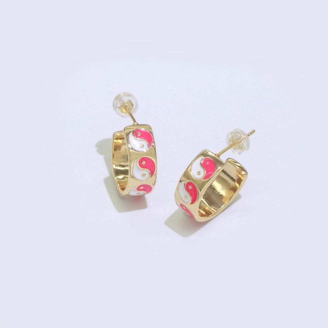 Ying Yang Enamel Round Gold Plated Half Hoop Y2K Earrings