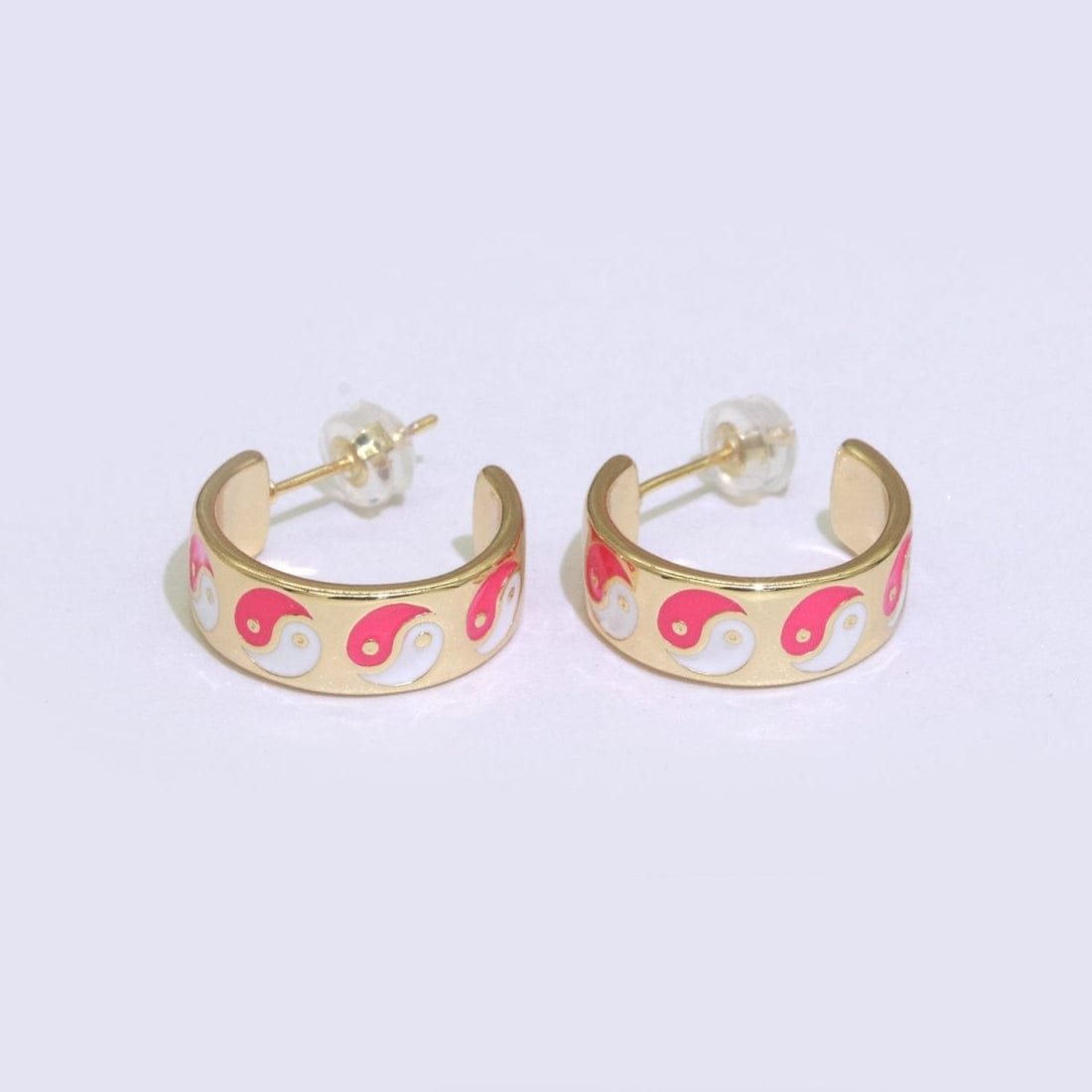 Ying Yang Enamel Round Gold Plated Half Hoop Y2K Earrings