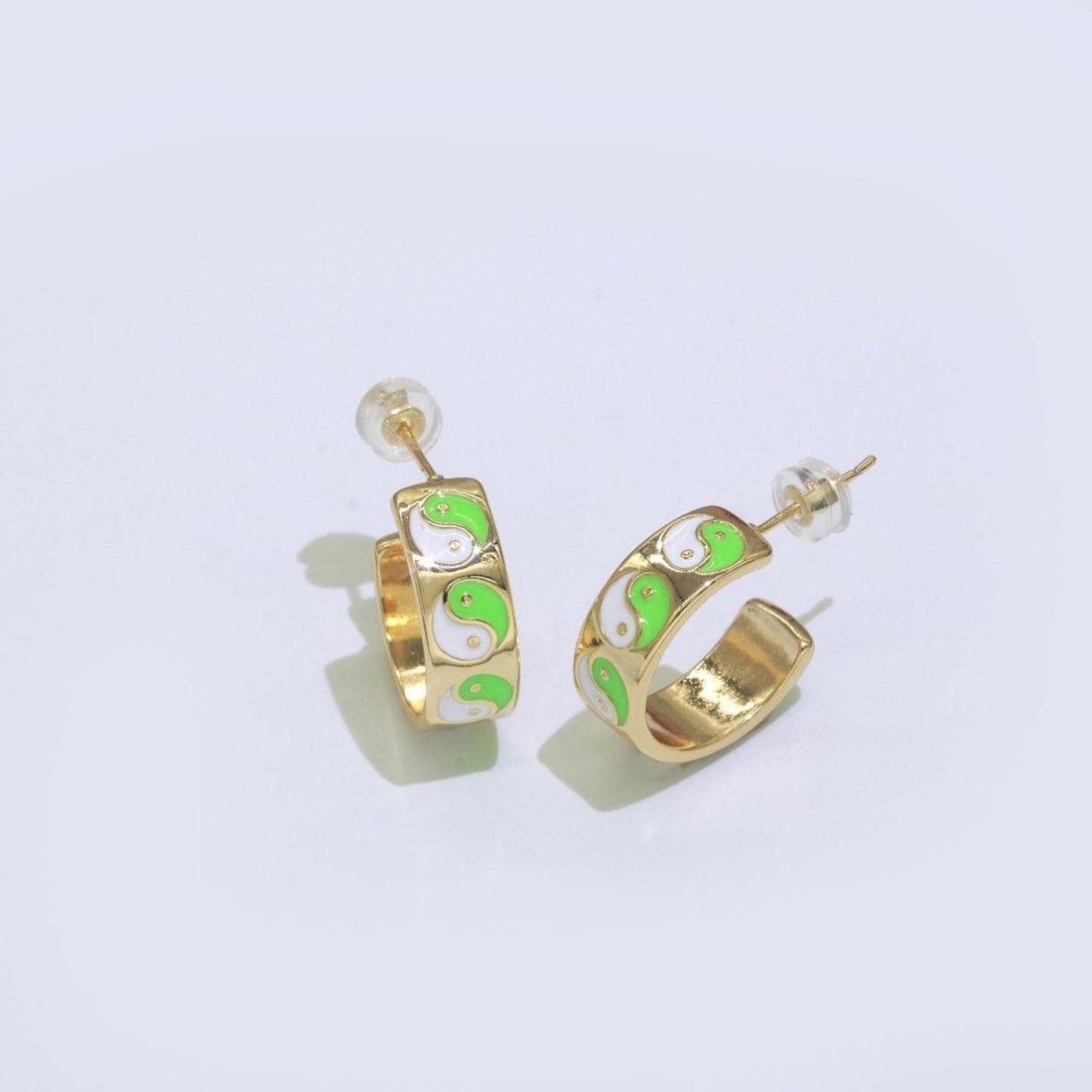Ying Yang Enamel Round Gold Plated Half Hoop Y2K Earrings