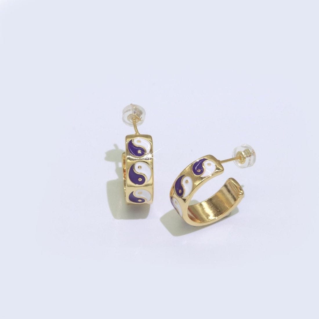 Ying Yang Enamel Round Gold Plated Half Hoop Y2K Earrings