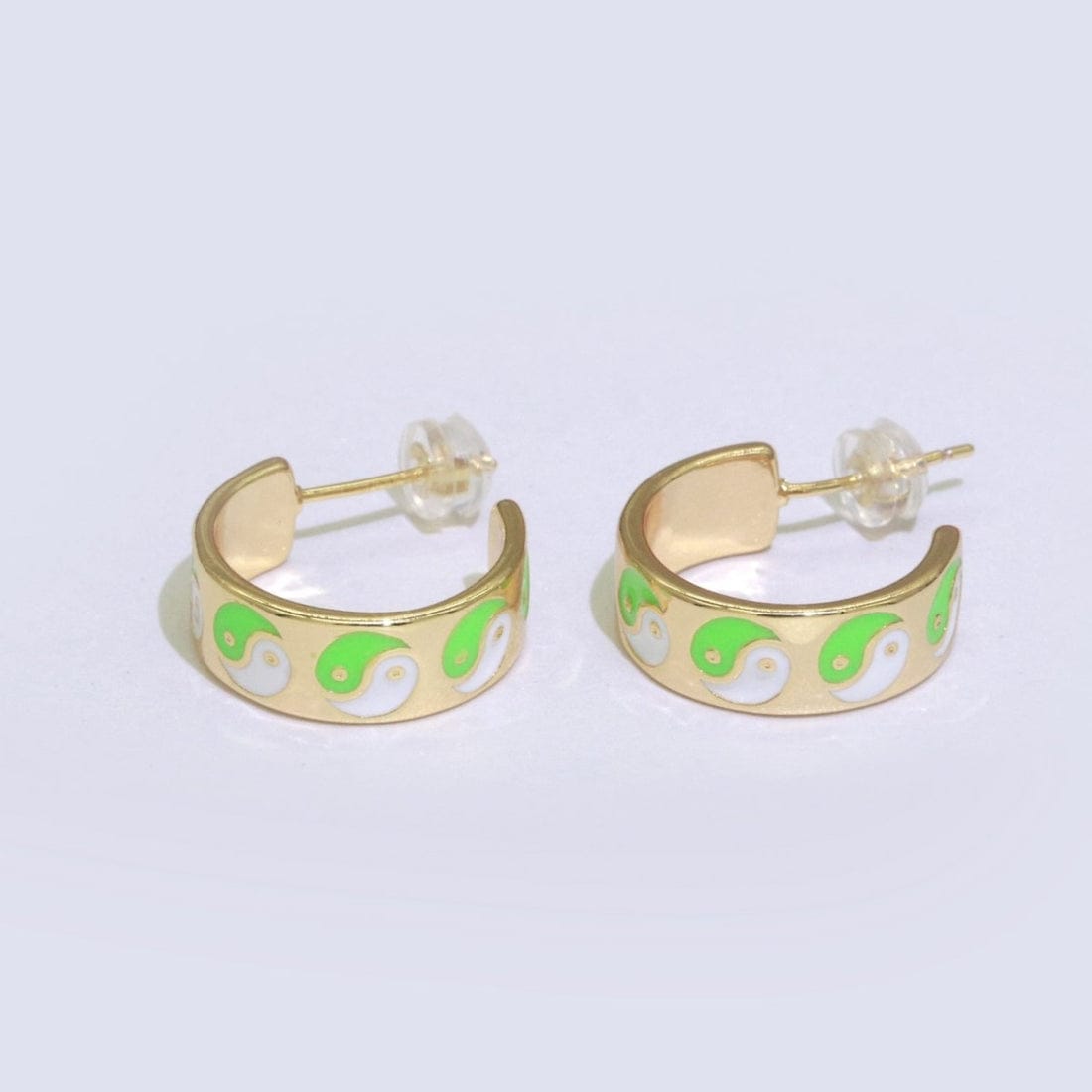 Ying Yang Enamel Round Gold Plated Half Hoop Y2K Earrings
