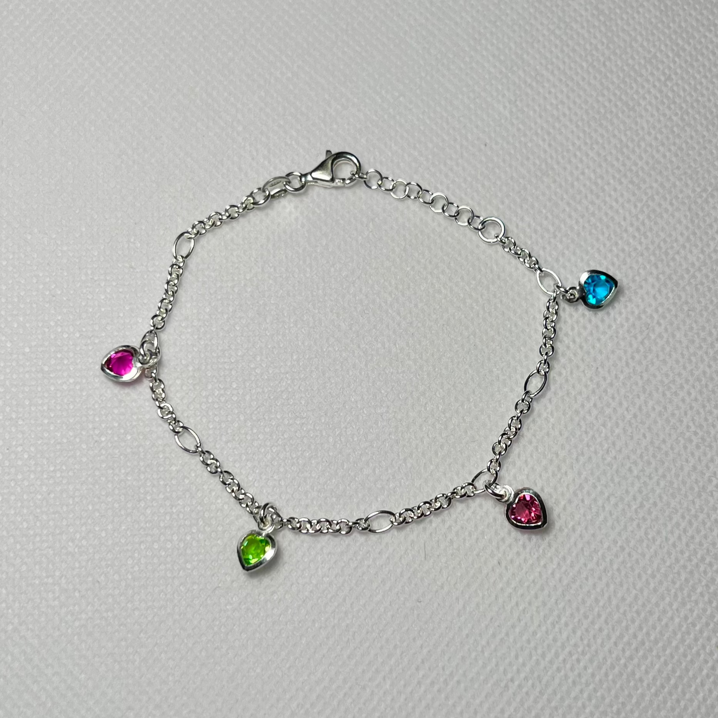 MULTI COLORS HEART SHAPE CRYSTAL STONE 925 STERLING SILVER BRACELET