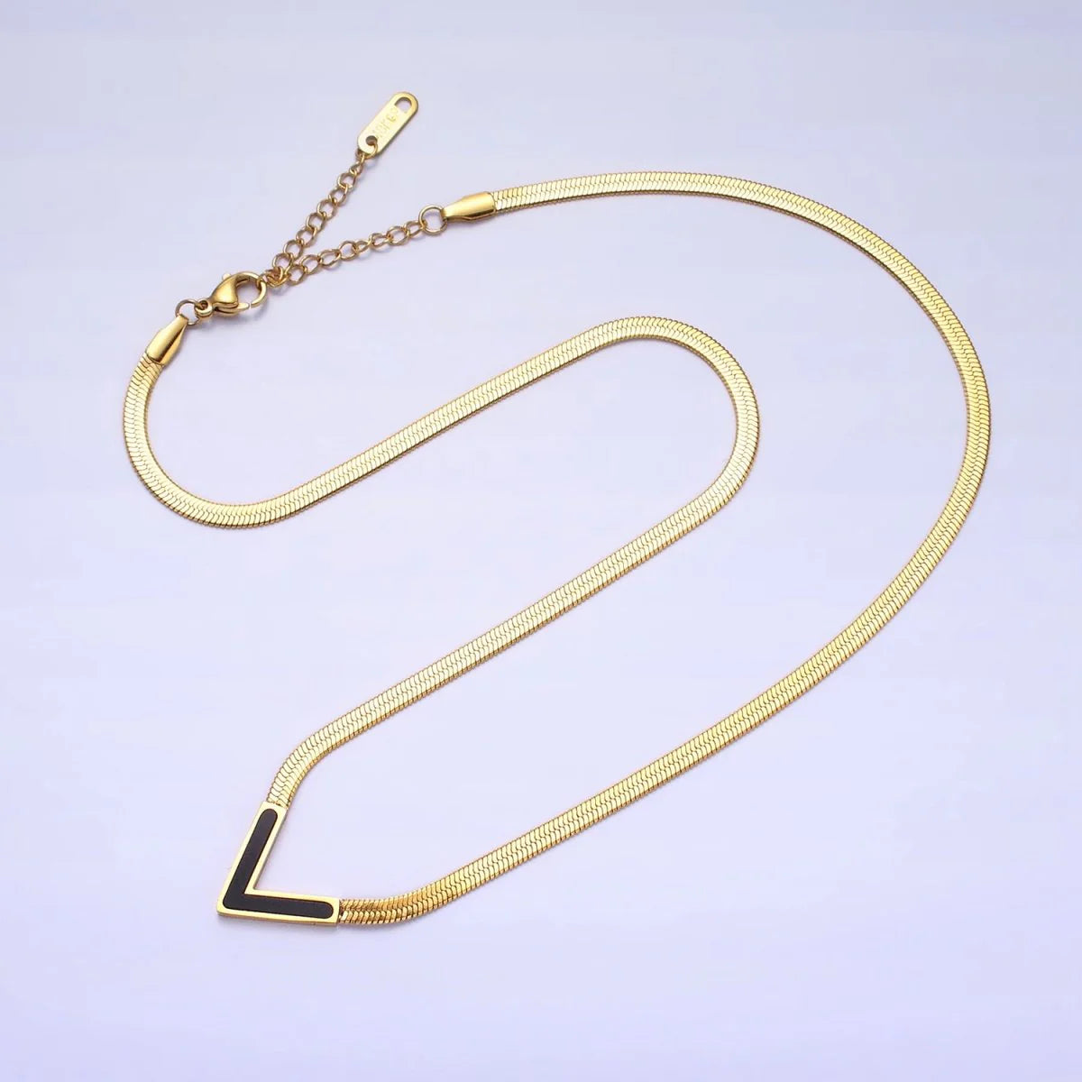 18K -Stainless Steel Flat Snake Herringbone Chain Necklace for Women Acrylic Shell V Design