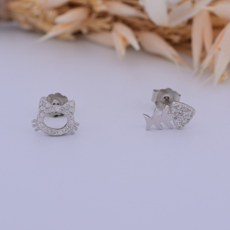 Fishy Cat 925 Silver Stud Earrings