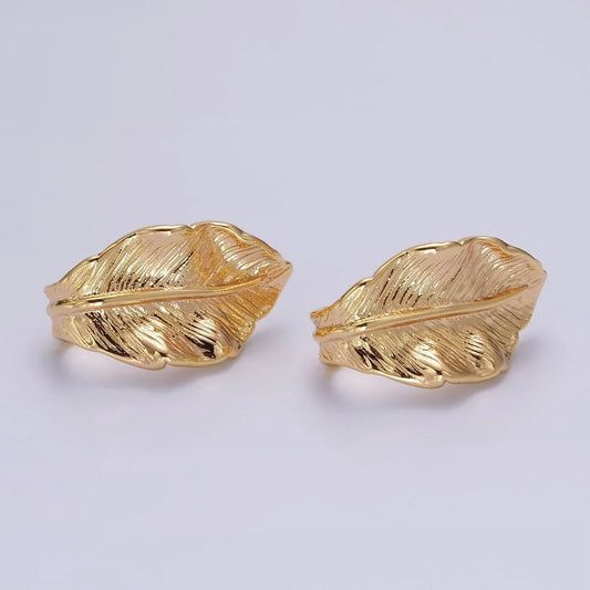 16K Gold Filled 25mm Nature Leaf Textured J-Shaped Hoop Earrings