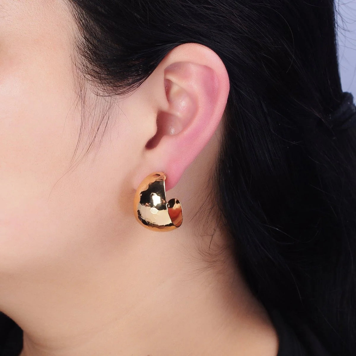16K Gold Filled 25mm Round Multifaceted Wide Dome C-Shaped Hoop Earrings in Gold