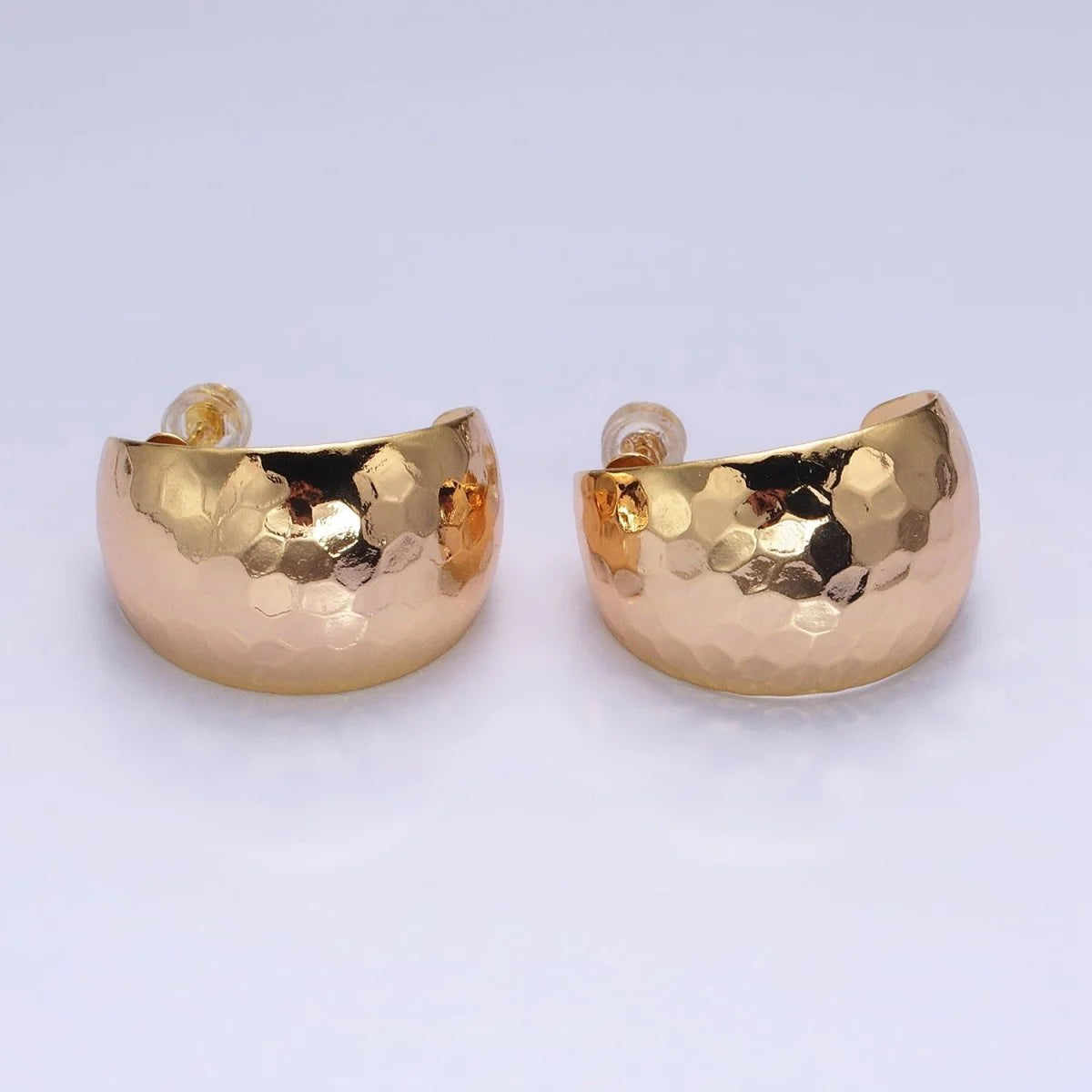 16K Gold Filled 25mm Round Multifaceted Wide Dome C-Shaped Hoop Earrings in Gold