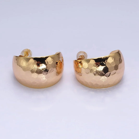 16K Gold Filled 25mm Round Multifaceted Wide Dome C-Shaped Hoop Earrings in Gold