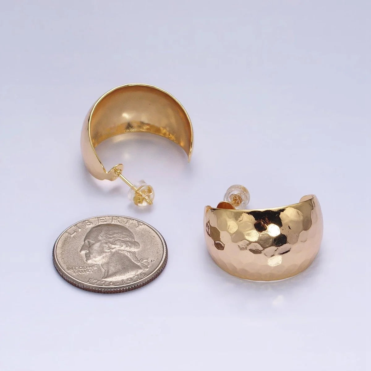 16K Gold Filled 25mm Round Multifaceted Wide Dome C-Shaped Hoop Earrings in Gold