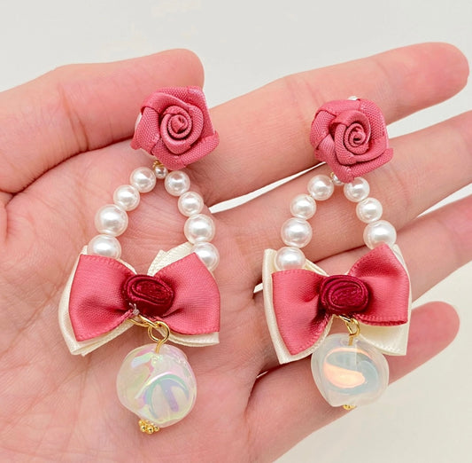 Ribbon Bow & Rose Pearl Pendant Post Earrings