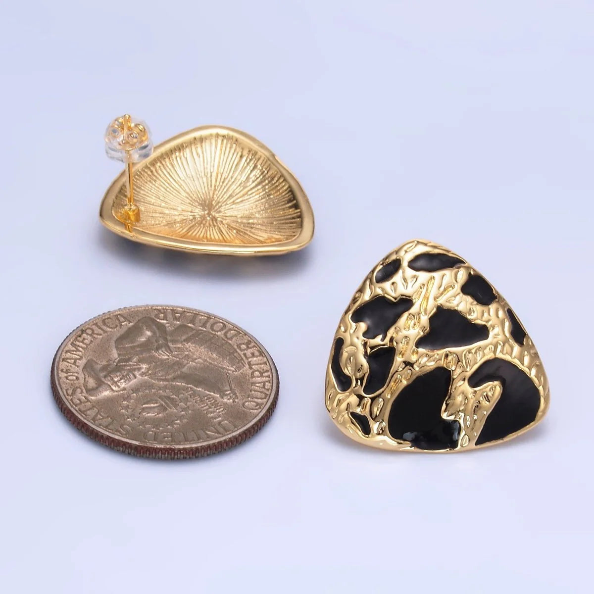 24K Gold Filled Black Enamel Cheetah Textured Triangle Stud Earrings in Gold