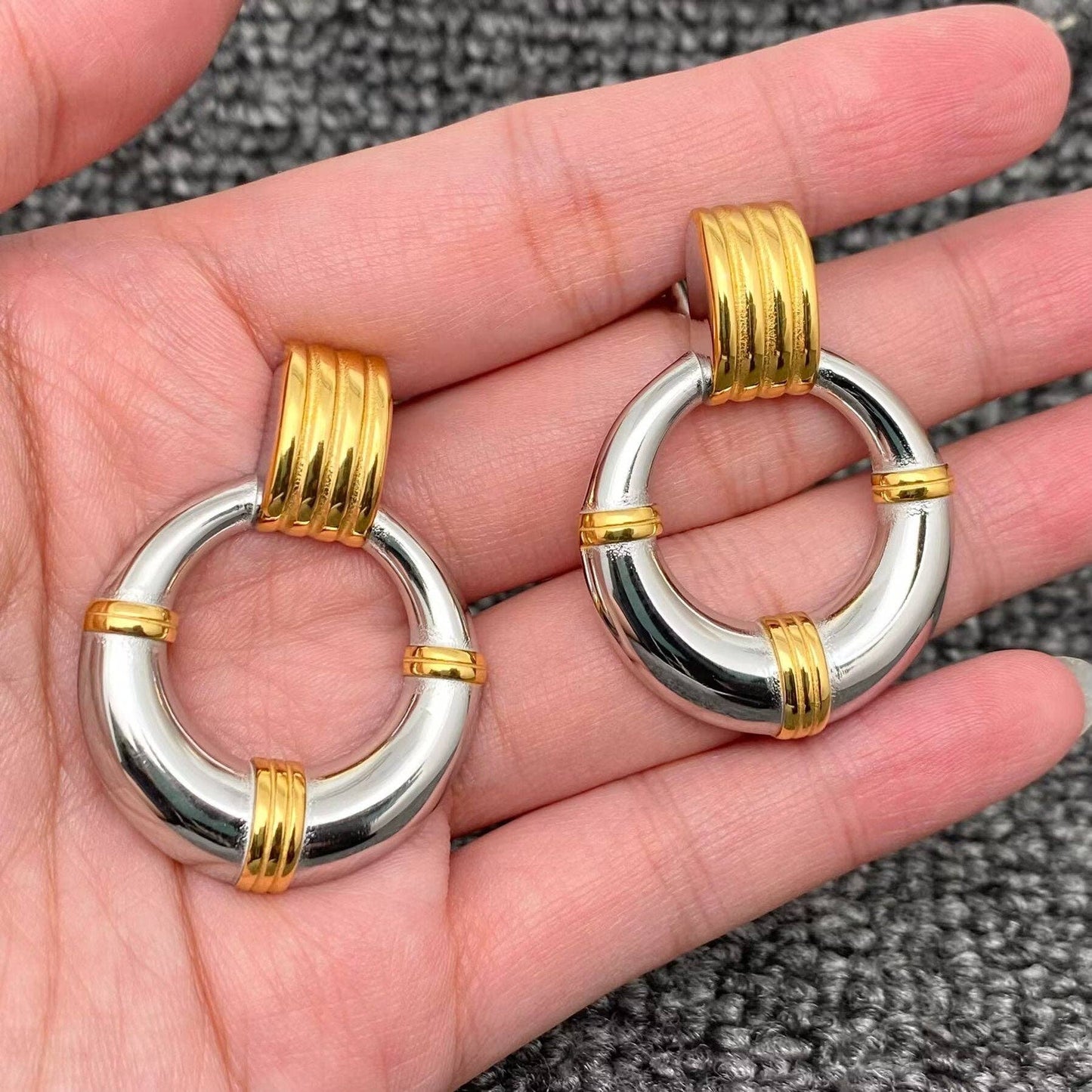 Two Tone 18K Gold Plated SS Geometric Post Earrings