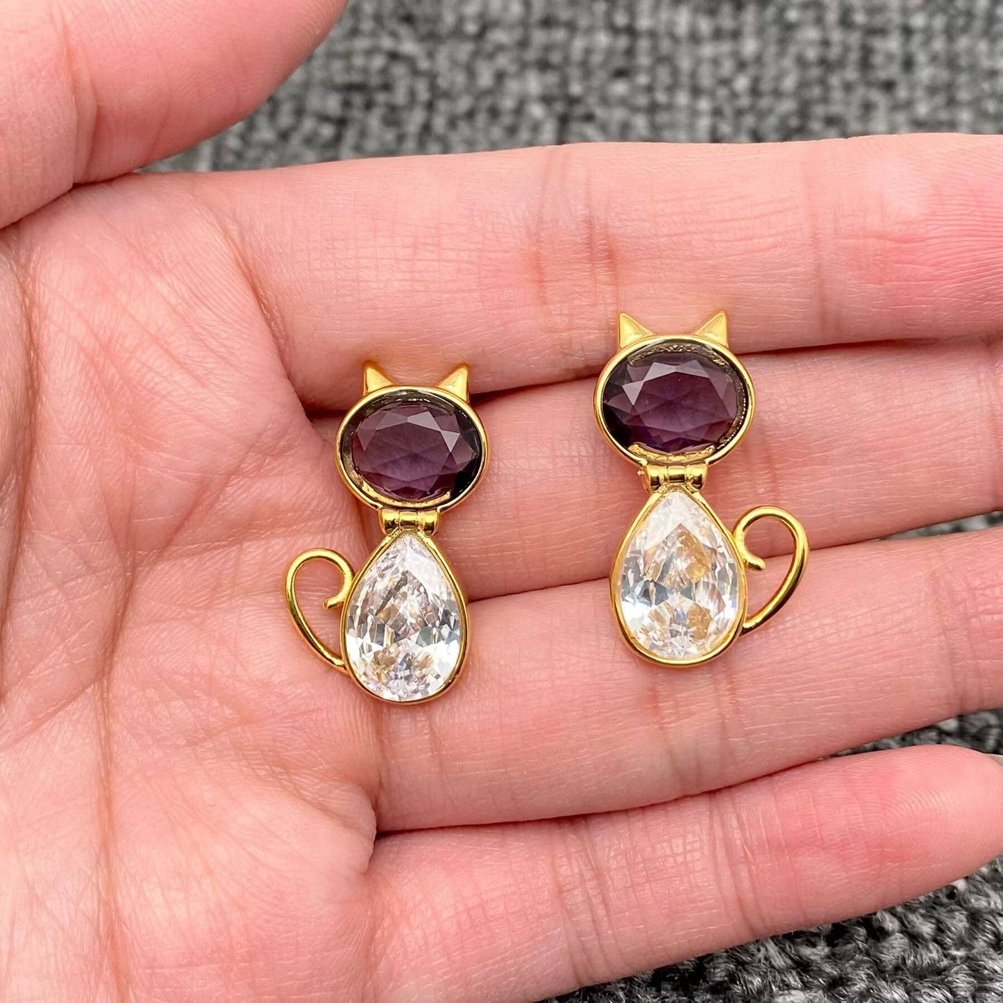 Zircon Cat 18K Gold-Plated Stainless-Steel Stud Earrings