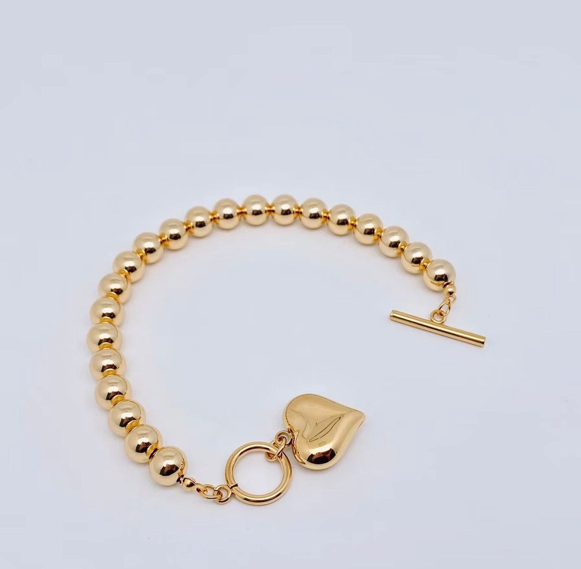 Heart Charm 18K Gold Plated 8MM Beads Chain Bracelet