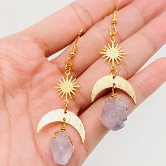 PURPLE CRYSTAL PENDANT MOON EARRING