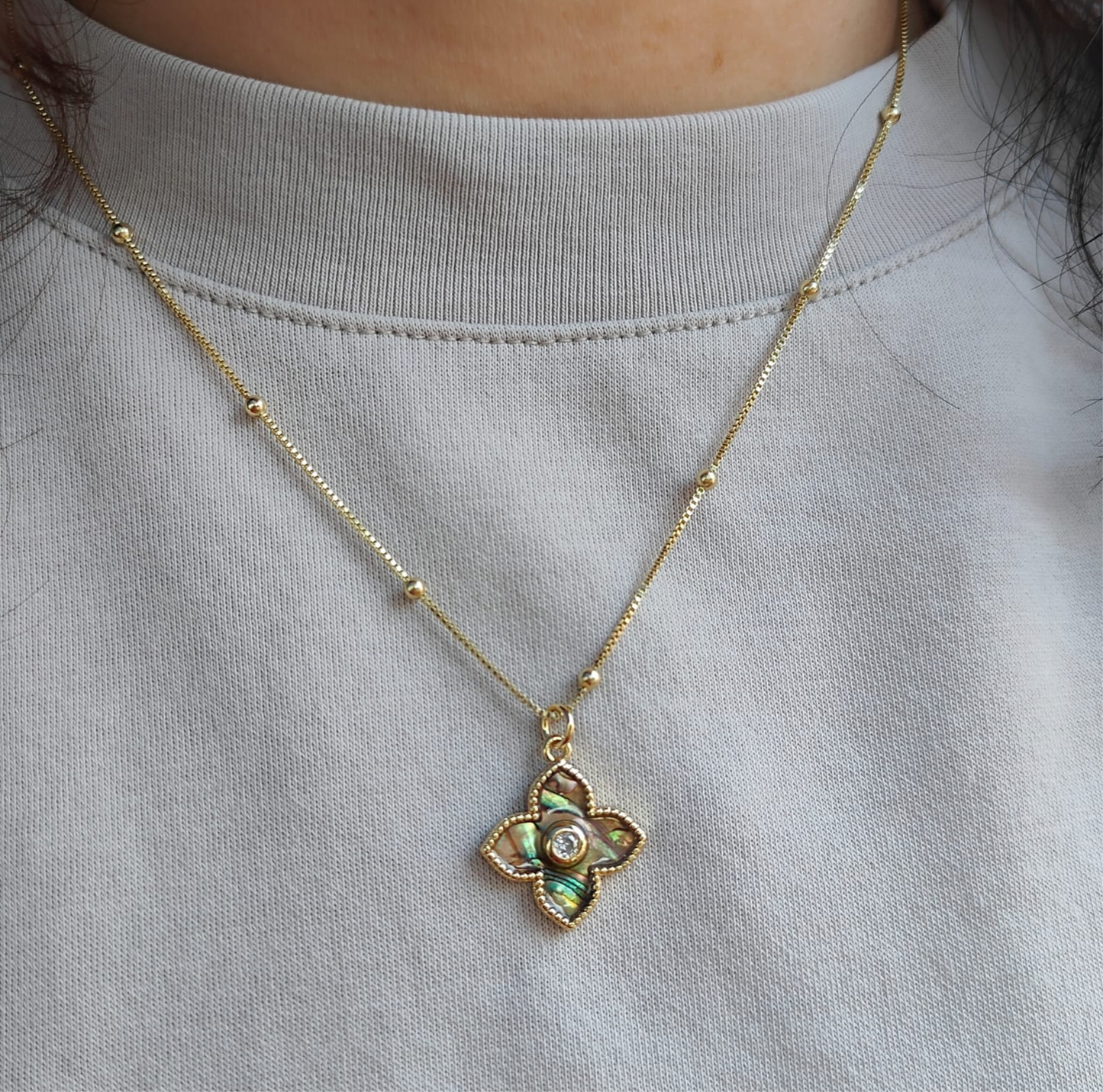 24k Gold Filled Pearl Clover Mini Flower Abalone Lucky Pendant With 18IN Beaded Necklace