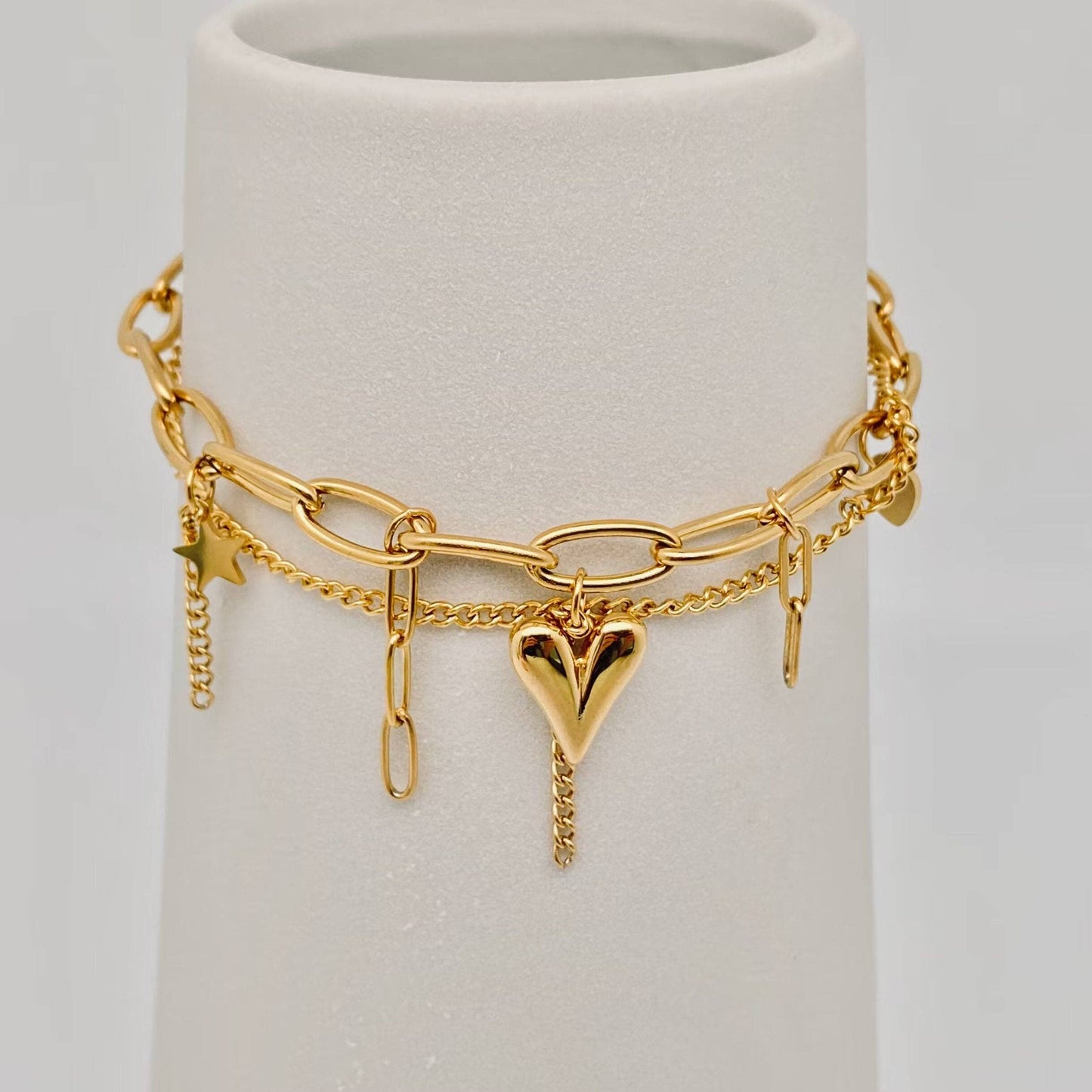 Star Heart Charm 18K Gold Plated Double Chain Bracelet