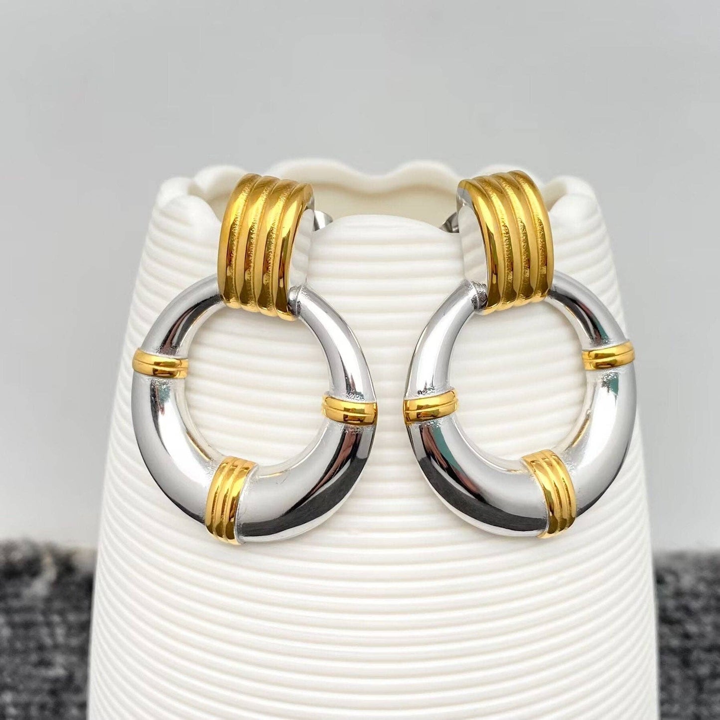 Two Tone 18K Gold Plated SS Geometric Post Earrings