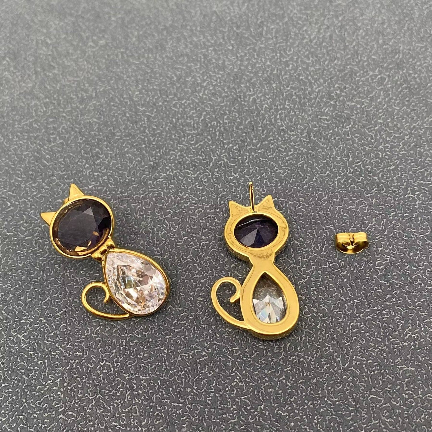 Zircon Cat 18K Gold-Plated Stainless-Steel Stud Earrings