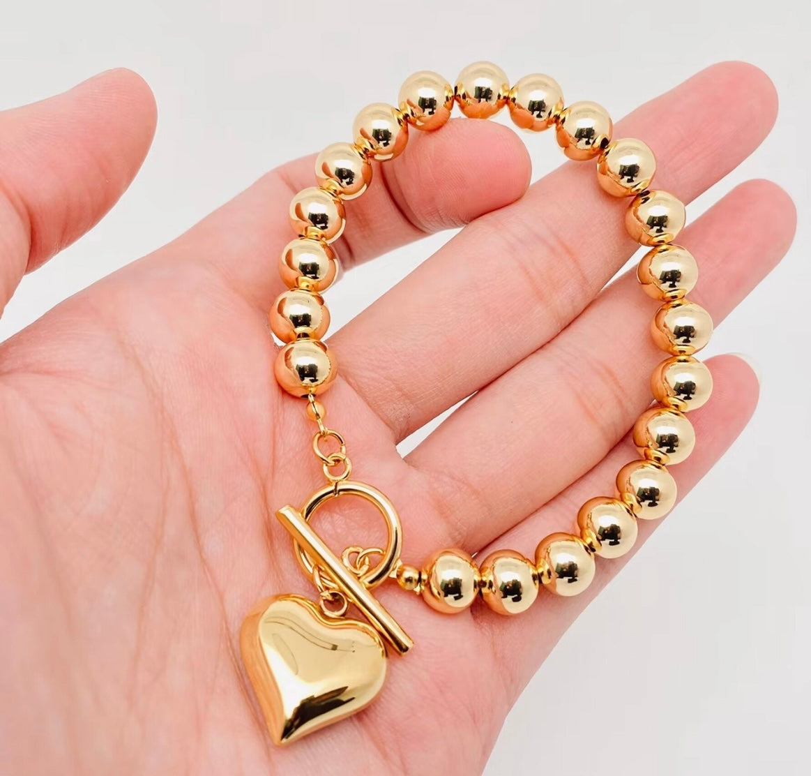 Heart Charm 18K Gold Plated 8MM Beads Chain Bracelet