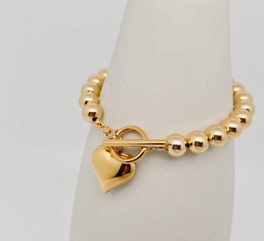 Heart Charm 18K Gold Plated 8MM Beads Chain Bracelet