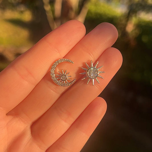 Day & Night 925 Silver Sun & Moon Stud Earrings