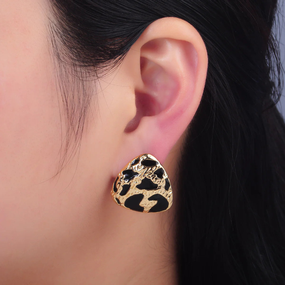24K Gold Filled Black Enamel Cheetah Textured Triangle Stud Earrings in Gold