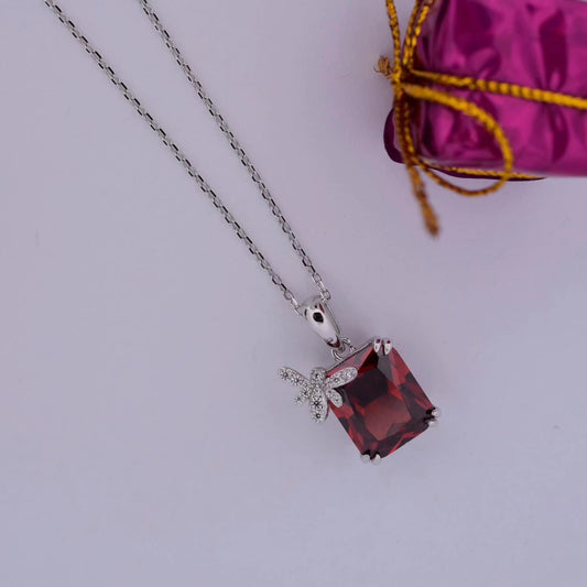 Elemental Red Squared Zirconia Stone Pendant 925 Silver Necklace with Studded Butterfly