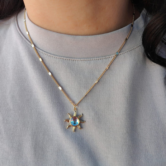 Moonstone Sun Charm Gold Plated 17IN Necklace