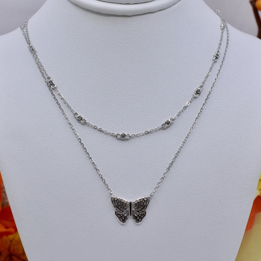 What A Life 925 Sterling Silver Butterfly Shape Double Chain Necklace