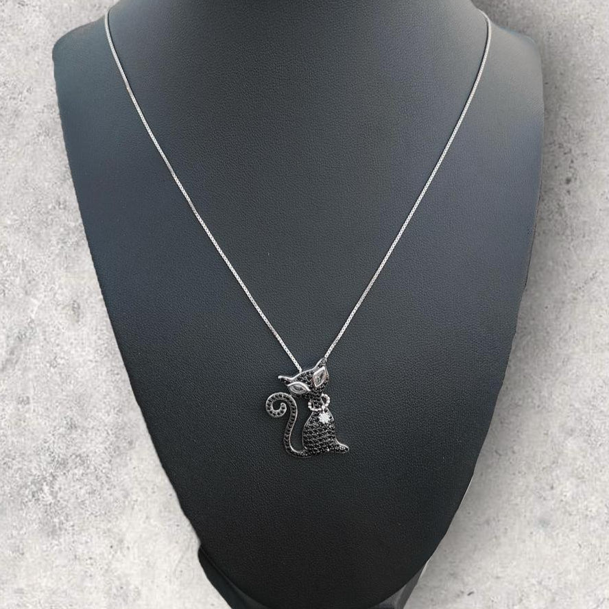 925 SILVER BLACK CAT STUDDED PENDANT NECKLACE