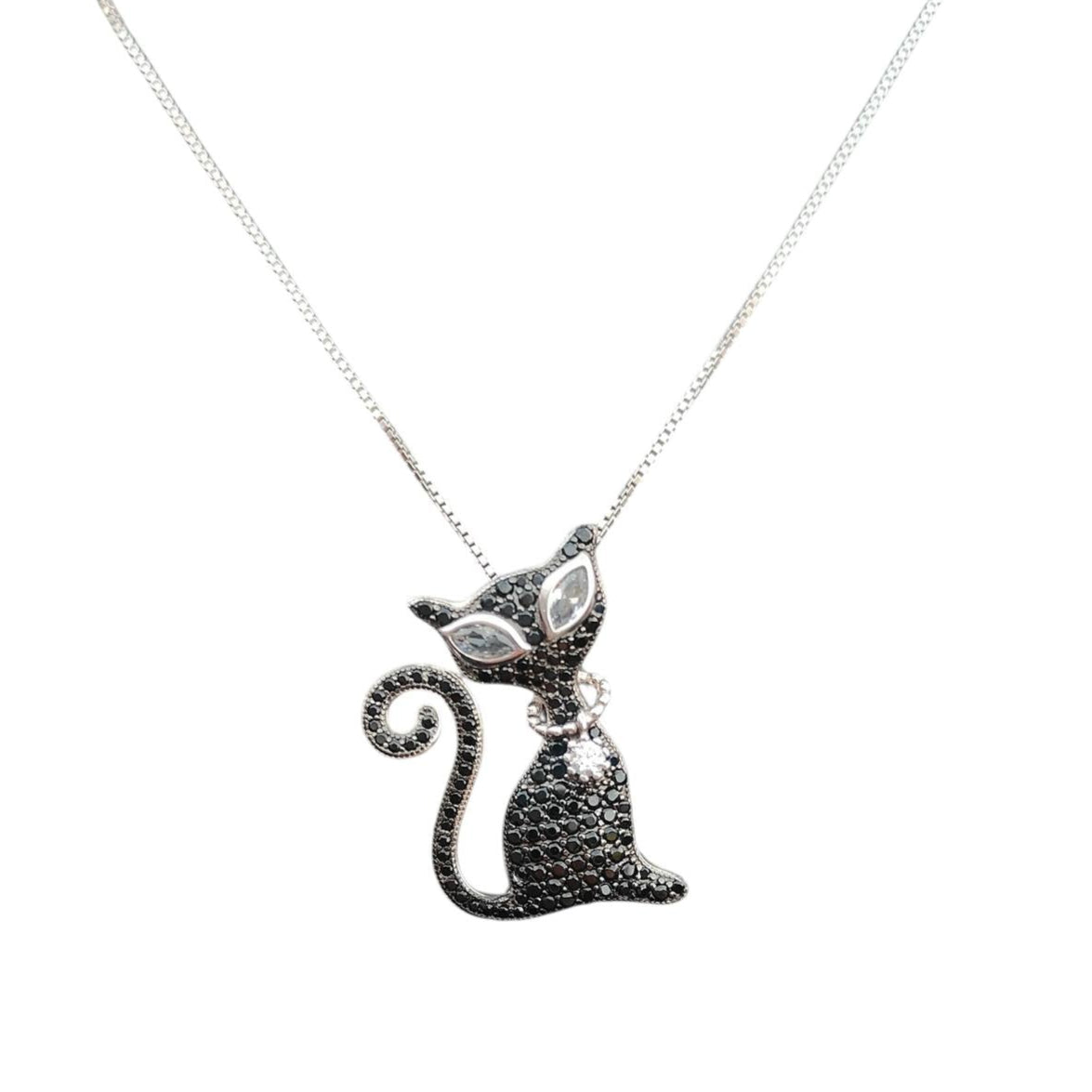 925 SILVER BLACK CAT STUDDED PENDANT NECKLACE