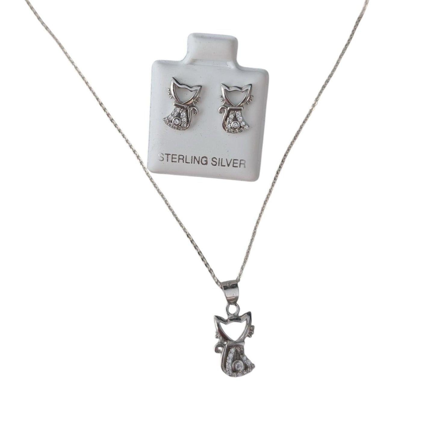 Purr Cat Earring and Necklace 925 Sterling Silver Set