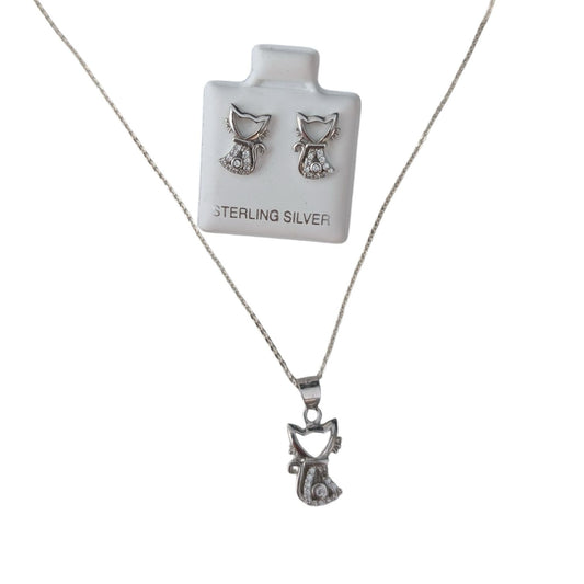 Purr Cat Earring and Necklace 925 Sterling Silver Set