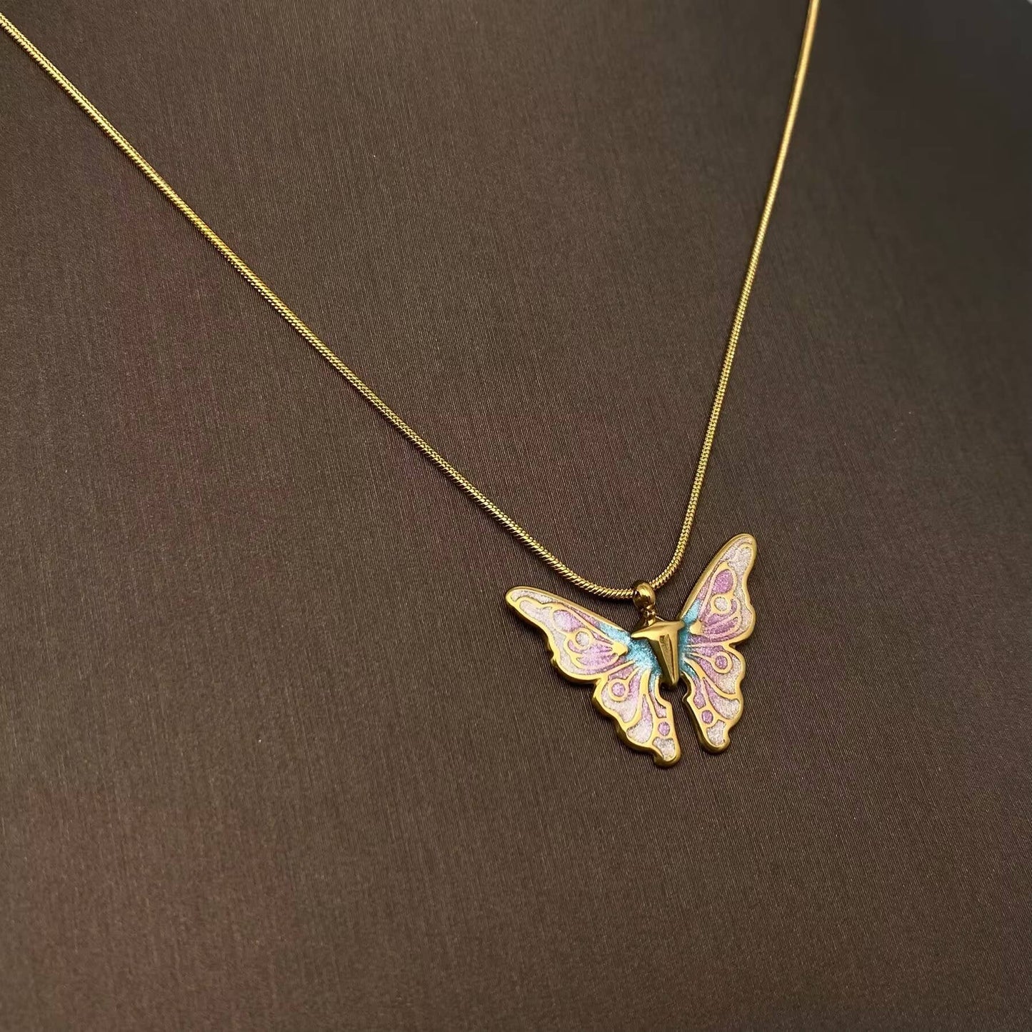 Enamel Butterfly Charm 18K Gold-Plated Stainless-Steel Necklace