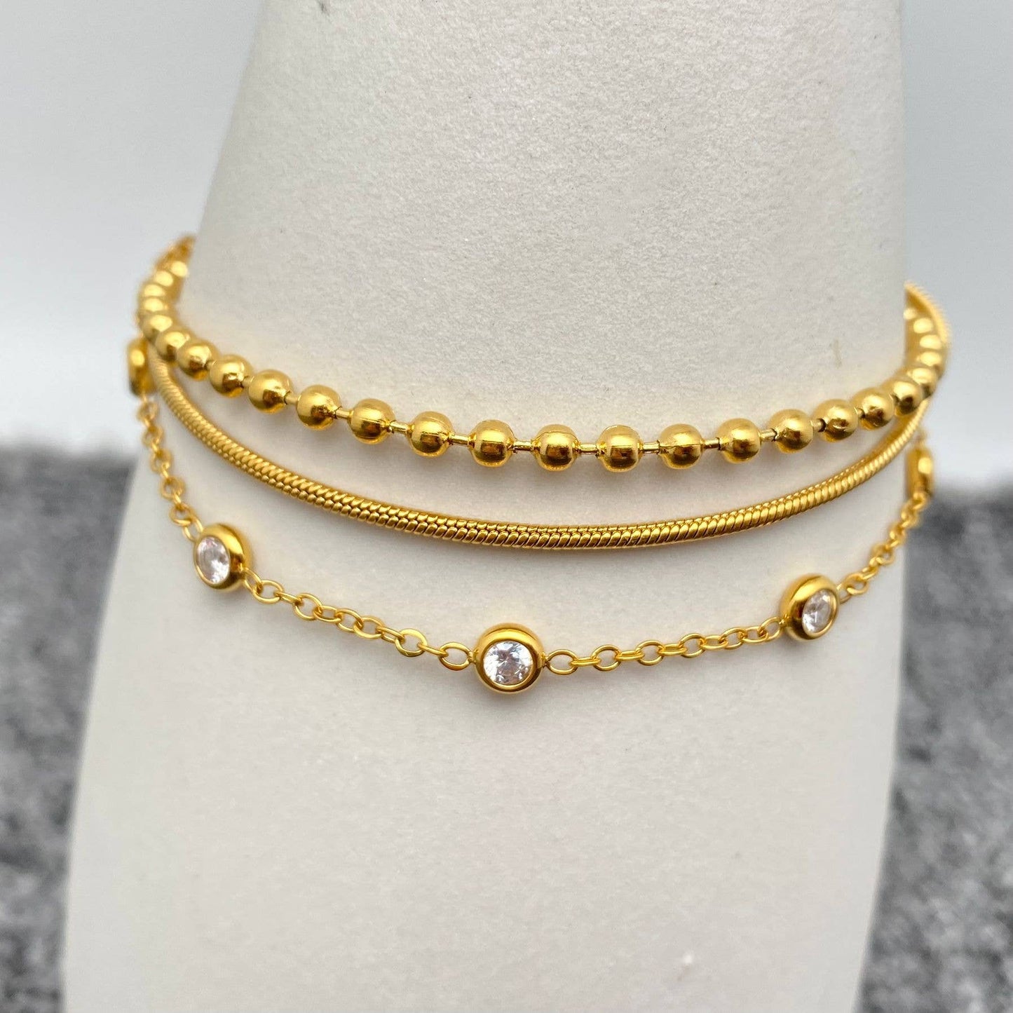 Inlaid CZ 3-layer 18K Gold-plated Steel Chain Bracelet